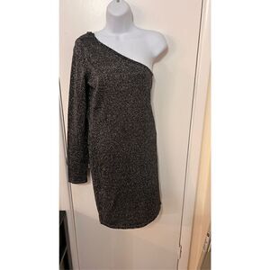 Bcbgmaxazria Women's Inya One Shoulder Dress Black Metallic Silver Size Large